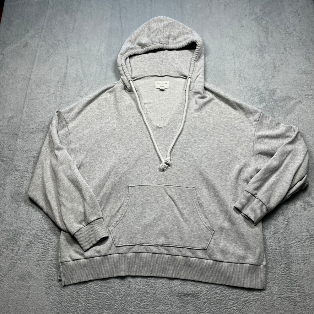 American Eagle Hoodie Womens Gray Jegging Fit Oversized V-Neck Sweatshirt L